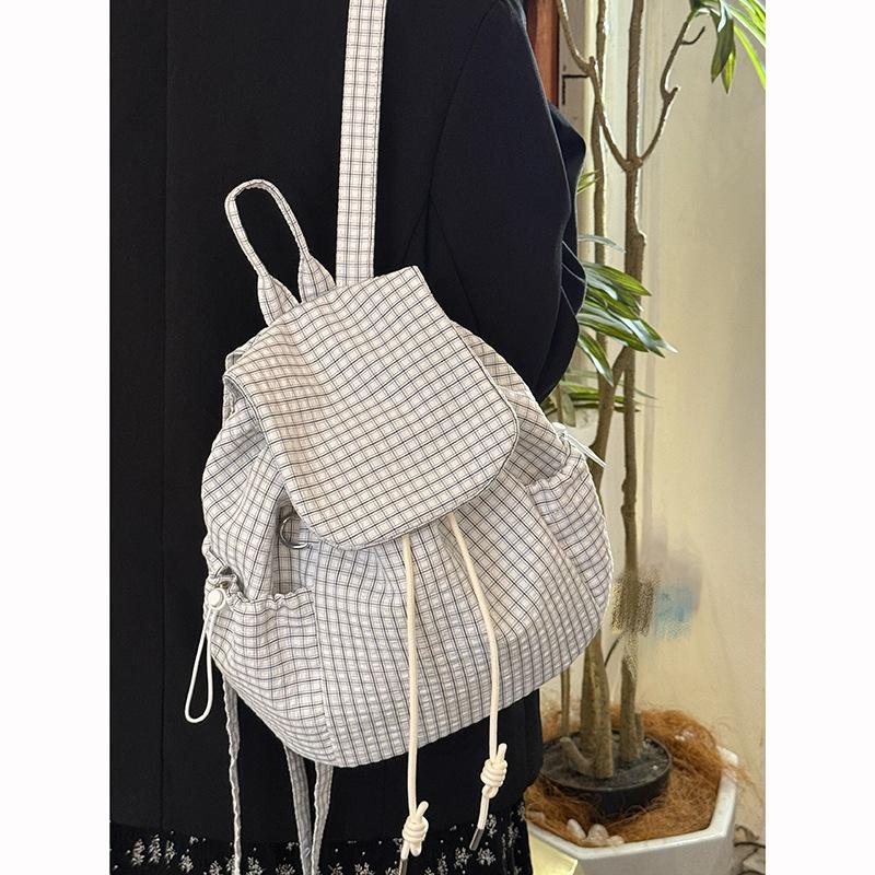 Korean Plaid Drawstring Backpack, New Large-capacity Student Commuting Versatile Backpack, Niche Lightweight Nylon Schoolbag