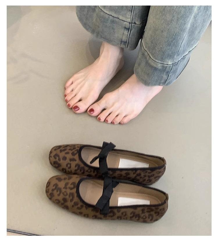 

Весенний вечер новинка 2025 французский балет одинарная обувь плоские Мэри Джейн женская обувь сказочный ветер мелкий вырез бант 40 цветной печати леопарда