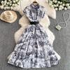 Early spring new high-end fashion lapel flower print dress pleated waist waist thin dress
