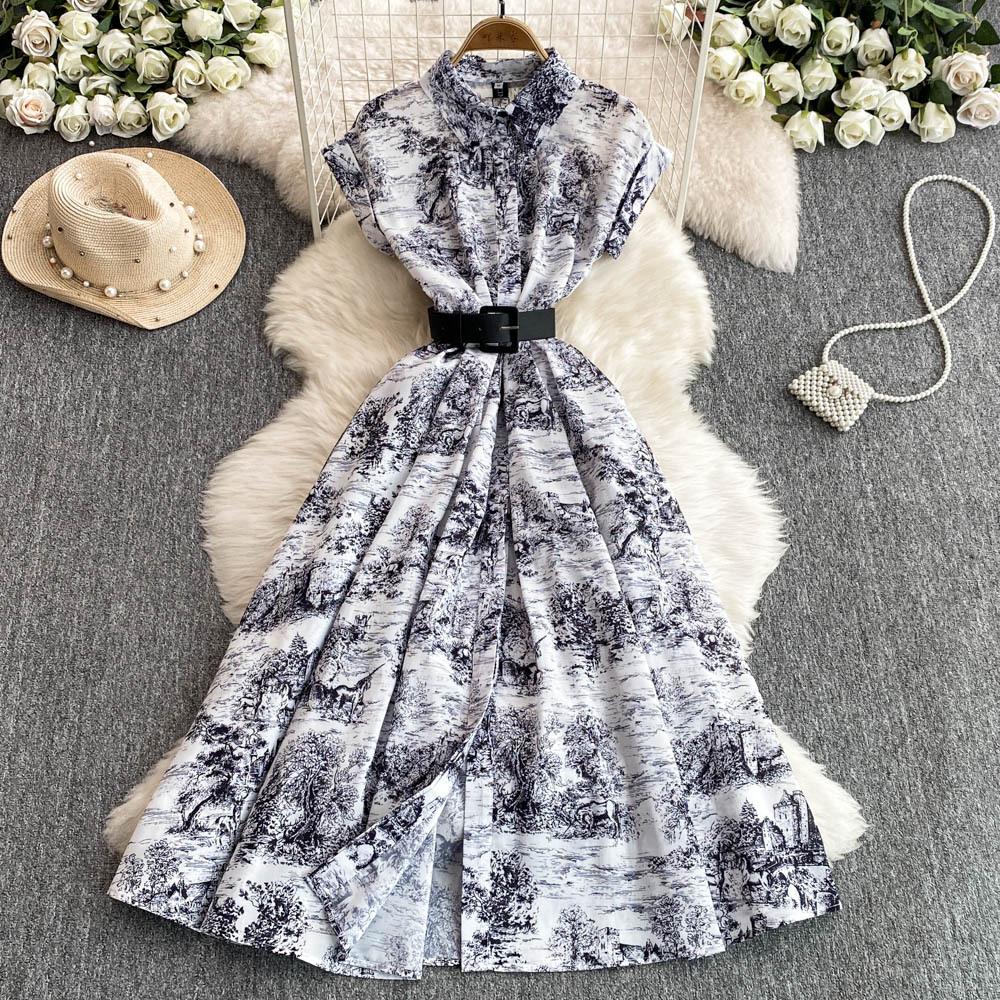Early spring new high-end fashion lapel flower print dress pleated waist waist thin dress