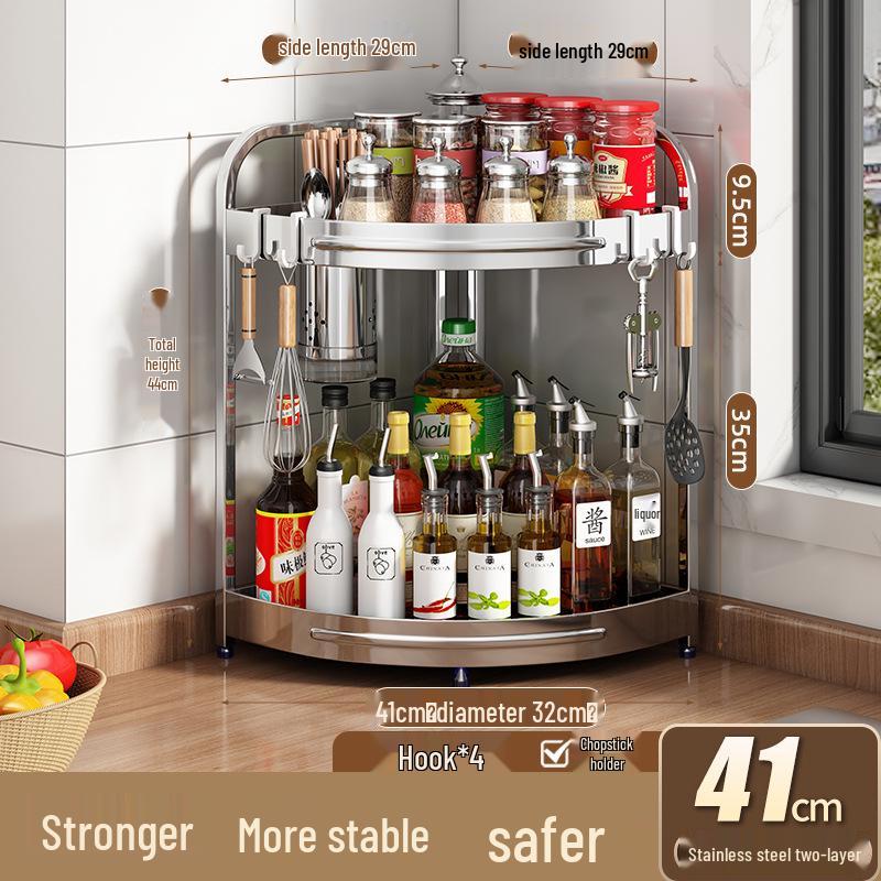 Stainless Steel Kitchen Corner Shelf for Oil, Sauce, Vinegar & Spices - Triangle Storage Rack with Knife Holder.