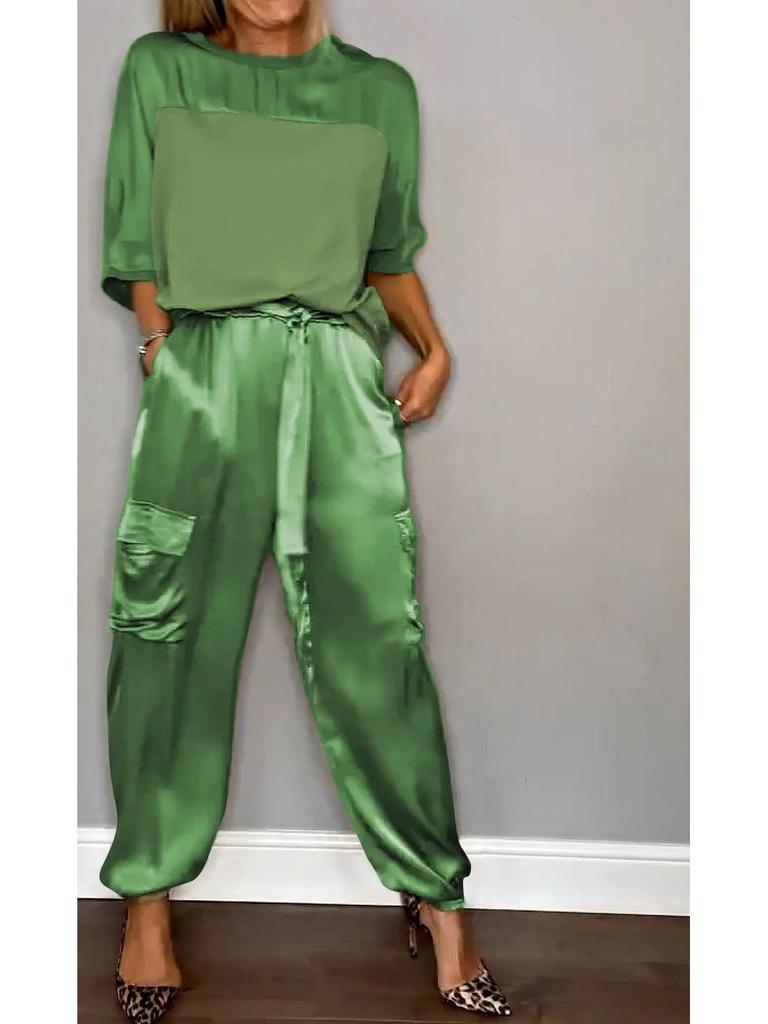 2024 European & American Women's Satin Half-Sleeve Top and Pants Set