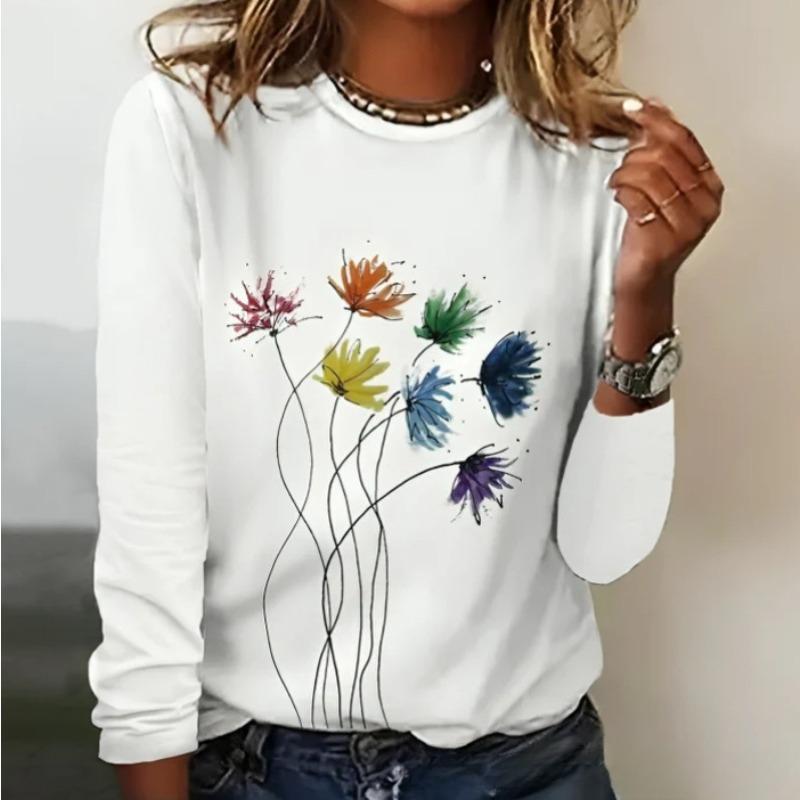 

Весенне-осенние свободные и красивые нишевые повседневные и удобные женские футболки с круглым вырезом и длинными рукавами с 3D цветочным принтом 5XL