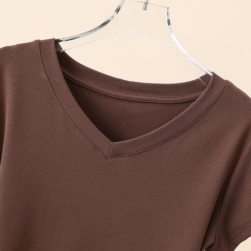 Dames 2025 Zomer Katoen V-Hals Korte Mouw Slankmakend Basic T-Shirt