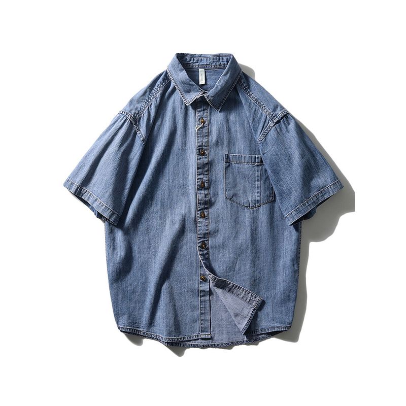 American Retro Pure Cotton Workwear Denim Shirt Men Short Sleeve Thin Jacket for Summer Export Men's Casual Shirt