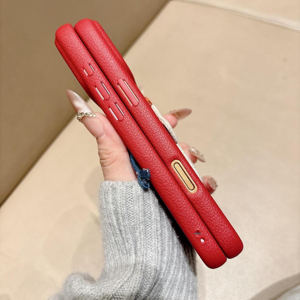 Red Embroidered Horse Leather Phone Case for Apple 17 Pro/iPhone 16, Large Hole, New Year Edition