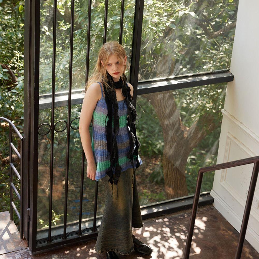 Solid Color Knitted Scarf Irregular Long Narrow Scarves All-match Ruffle Shawl  Streetwear