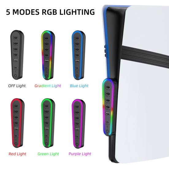 6-Port USB-Hub mit RGB-Licht Plug-and-Play Datenübertragung Benutzerfreundlicher USB-Erweiterungshub für PS 5 Pro/für PS5 Slim