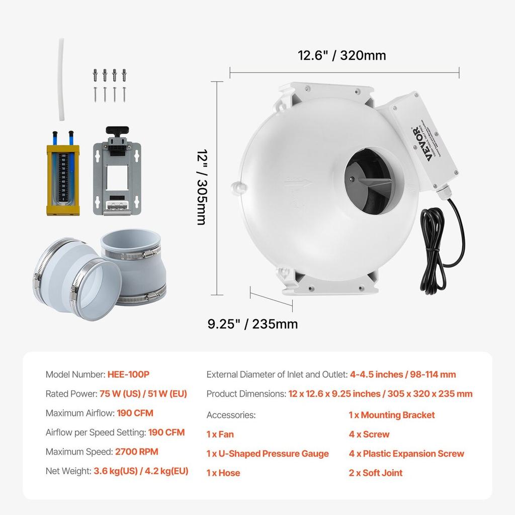 4" to 4.5" Radon Mitigation Fan System Kit Quiet 190 CFM Inline Duct Fan