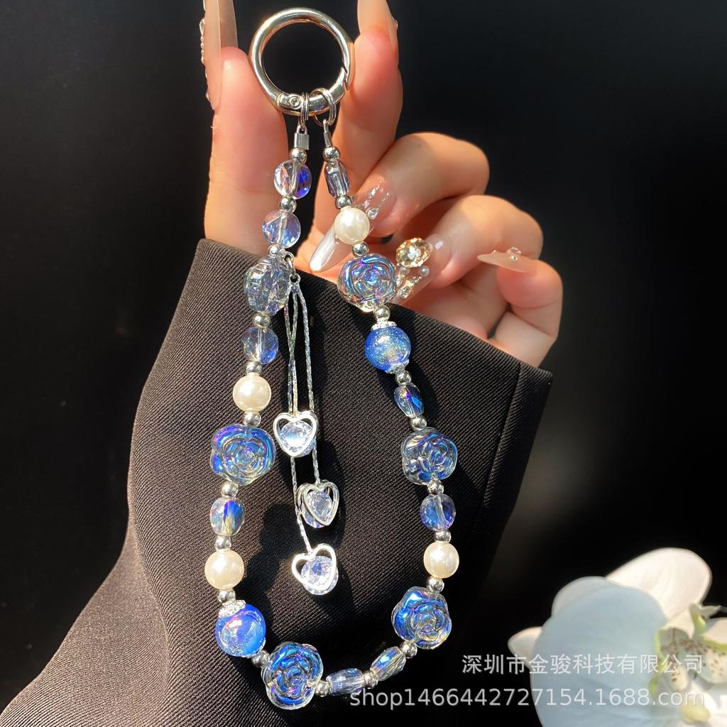 Wholesale Phone Chain Alloy Heart Zircon Tassel Hanging Chain Acrylic Rose Flower Wrist Beaded Phone Case Lanyard