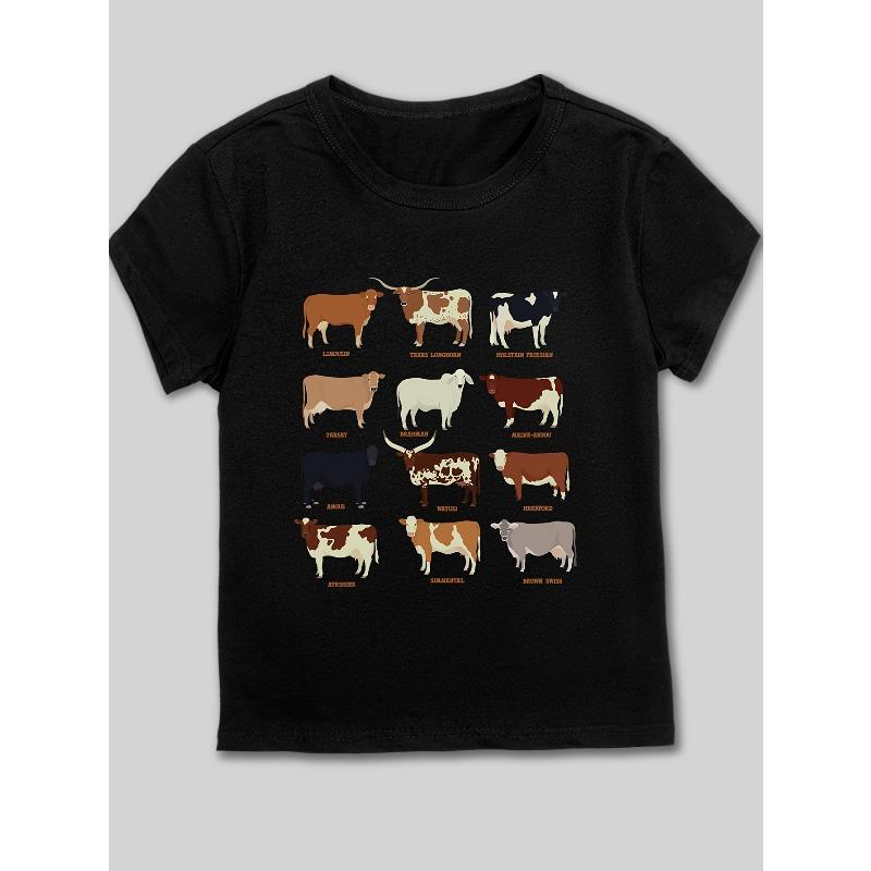 European Sizes Boys' Short Sleeve T-Shirt with Colorful Cow Breeds Print - Casual Summer Top for Youngsters & Teens, Educational Animal Design