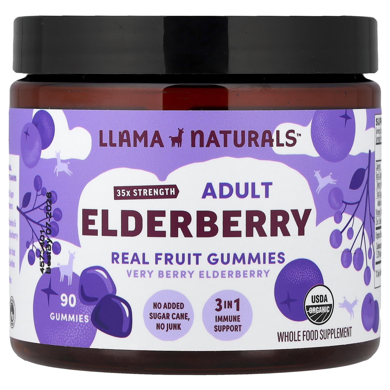 

Llama Naturals, Adult Elderberry, Real Fruit Gummies, Very Berry Elderberry, 90 Gummies