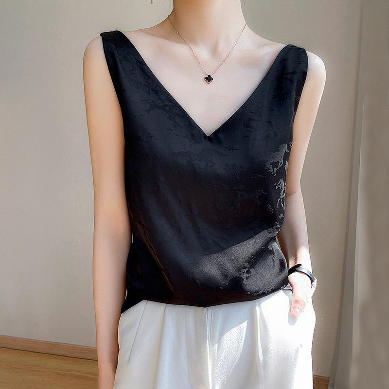 2023 Summer Women's V-Neck Silk Satin Camisole with Draped Silhouette