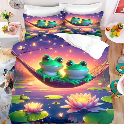 Biancheria da letto carina con rane per bambini, ragazzi, ragazze, adolescenti, copripiumino singolo, copripiumino e federa con rane cartoni animati 3D, 50×75 cm, 2 pezzi