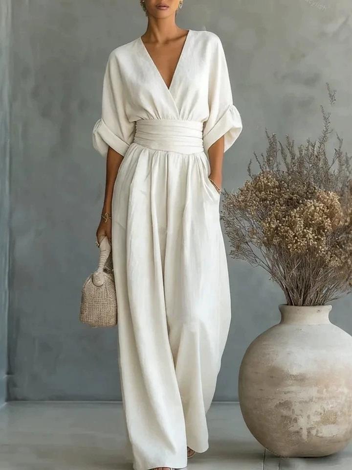 Elegant V-Neck Waist-Cinching Women's Jumpsuit for Spring and Summer
