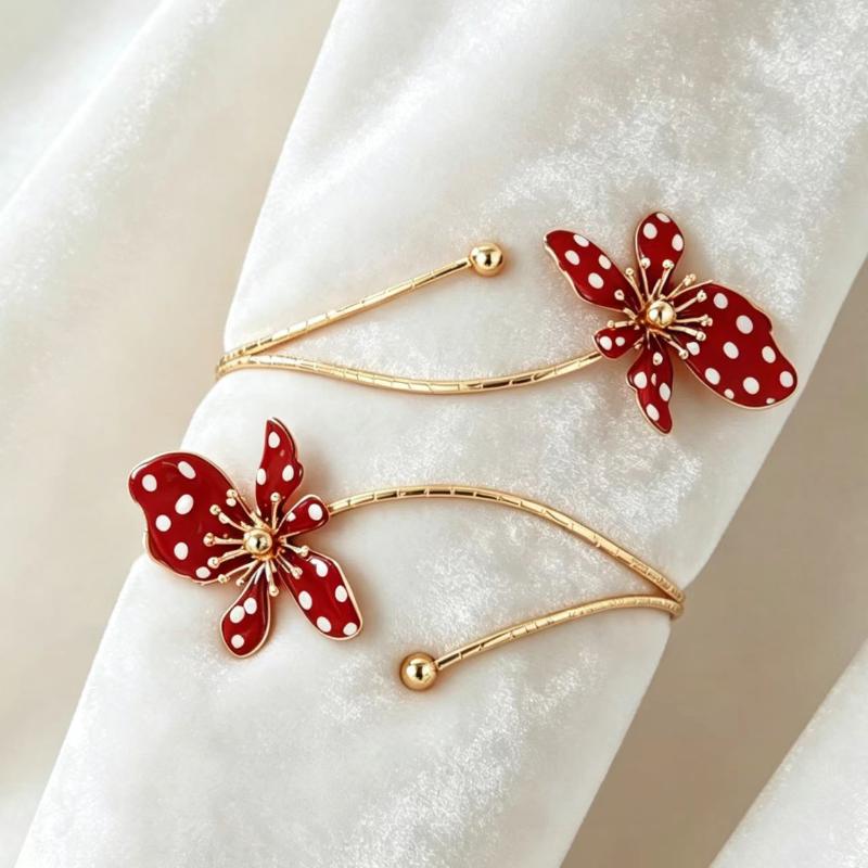 Gold Plated Cuff Bracelet Red White Polka Dot Enamel Flower Non-Irritating Jewelry for Women Daily All-Match Wear
