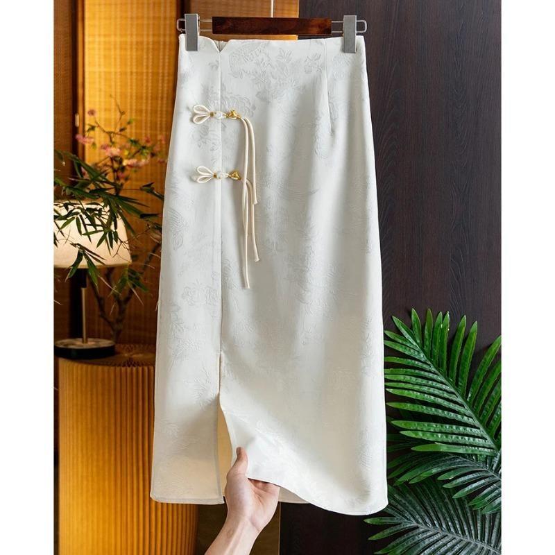 Jacquard Skirt for Women Spring Summer New Retro Beaded Disc Buckle High Waist Slit Hip