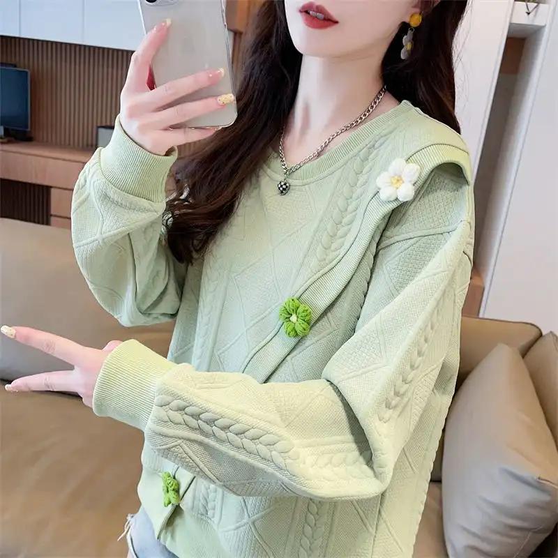 Women's Light Blue Textured Sweatshirt Long Sleeve Casual Loose Fit 3D Flower Applique Top