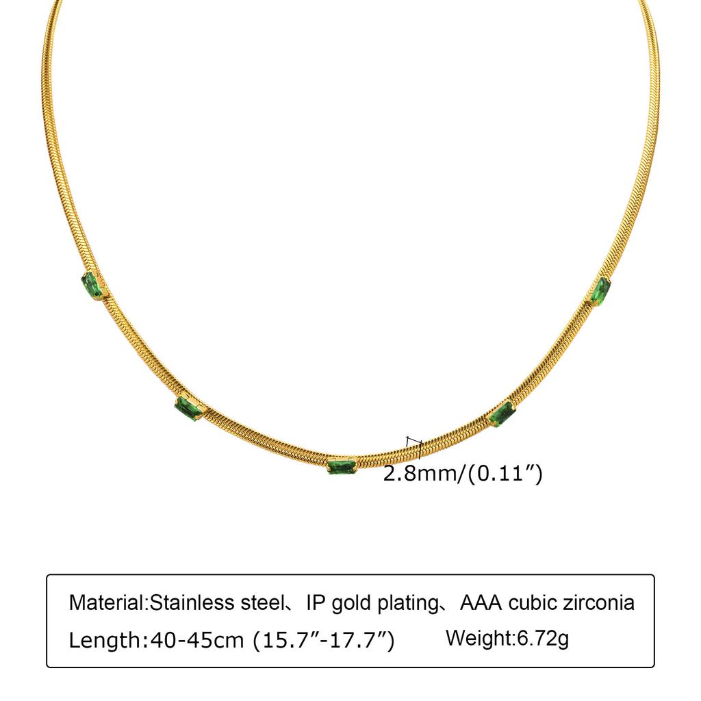 Stainless Steel Red Green Zircon Necklace Gold Female Collarbone Chain Flat Snake Chain, Accessories 1201