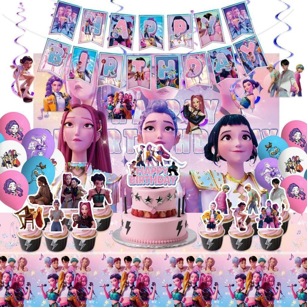 K Pop Demon Hunters Party Paper Plates Cups Napkins Set With Balloons For Birthday Celebration