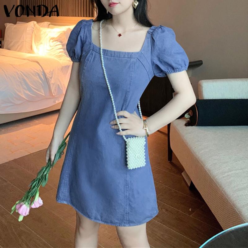 

VONDA женское летнее свободное короткое джинсовое платье трапециевидной формы с квадратным вырезом и короткими рукавами