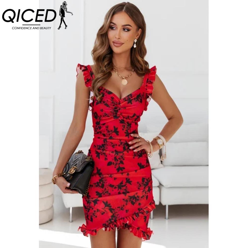 QICED Sommer Damen Blumenmuster Schmetterlingsärmel Bodycon Kleid Rüschen V-Ausschnitt Bandage Lässig Kurz Sommerkleid Weiblich Strand Spaghetti Träger Mini Kleid