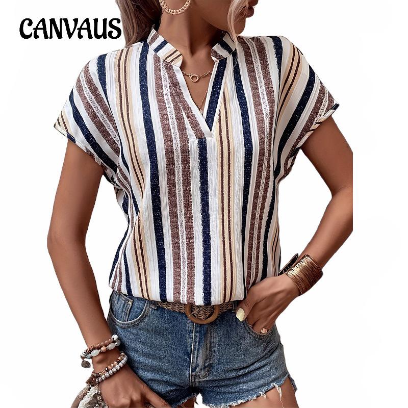 Sommer Damen Übergröße T-Shirt Gestreift Bedruckt V-Ausschnitt Fledermausärmel Kurzarm Shirt T-Shirt
