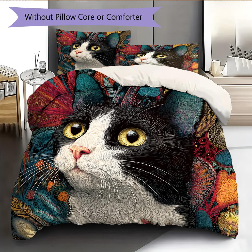 Cow Cat Pattern Bedding Home Decoration Birthday Gift (1 * duvet cover + 2 * pillowcase, without core)