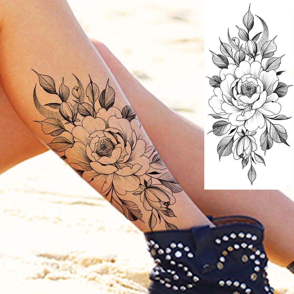 1 Sheet Black Flower Temporary Tattoos For Women Girls Realistic Fake Flora Floral Peony Tattoo Sticker Body Art Painting Decal