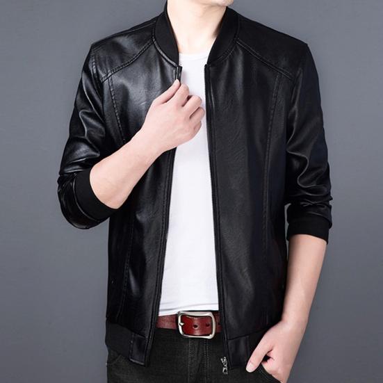 Men Coat Solid Color Stand Collar Windproof Faux Leather Thicken Plush Lining Zipper Jacket Streetwear