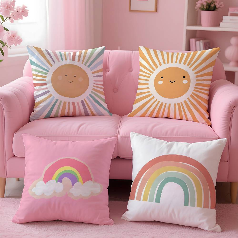 Cartoon Rainbow Sun Pillow Case Pattern Printed Pillowcase For Living Room Sofa Cushion Cover & Bedroom Decor
