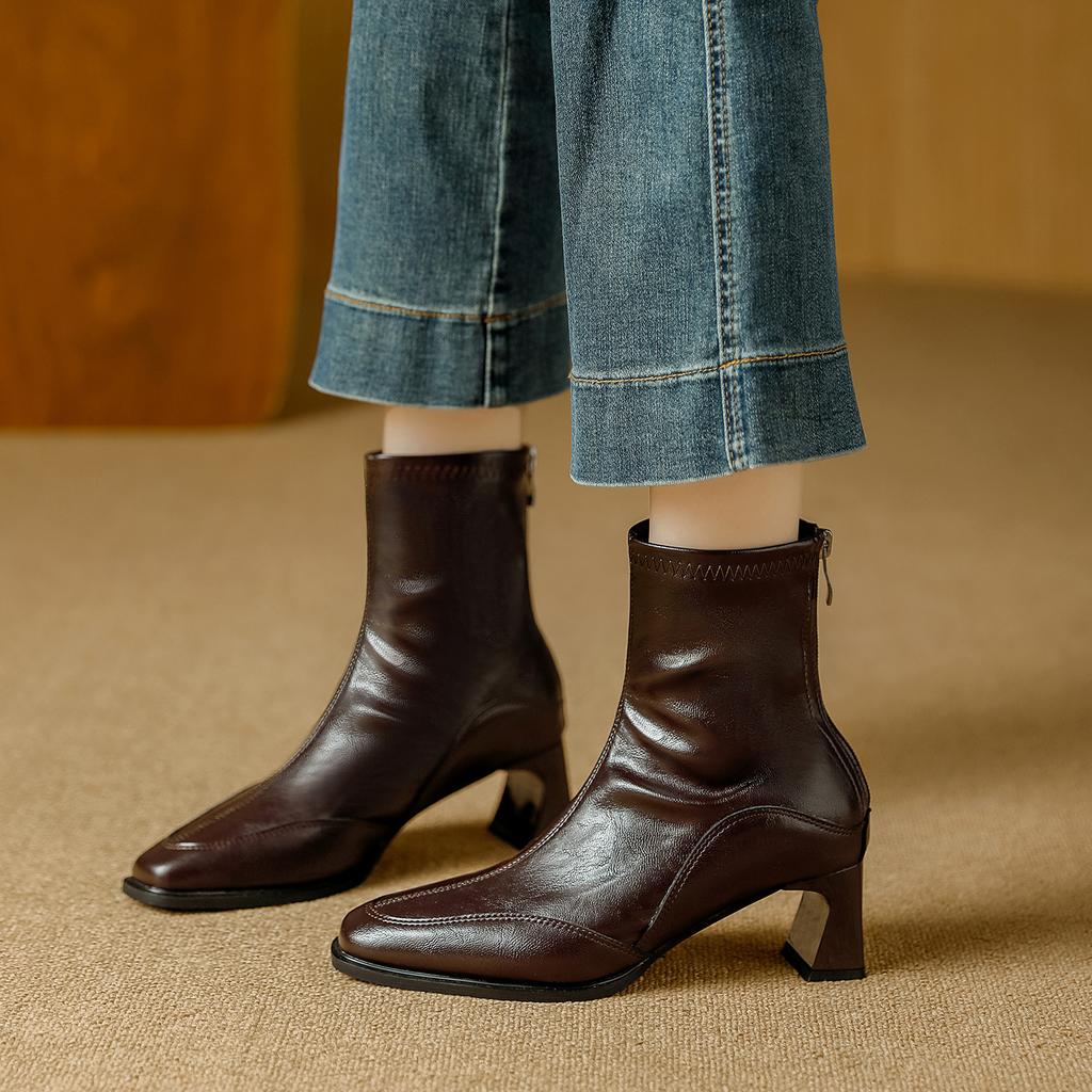 Kurzstiefel mit eckiger Spitze für Damen, dicker Absatz, Herbst und Winter 2025 neu, Reißverschluss hinten, weiches Leder, Nischen-Look, literarischer Retro-Stil, dünne elastische Stiefel