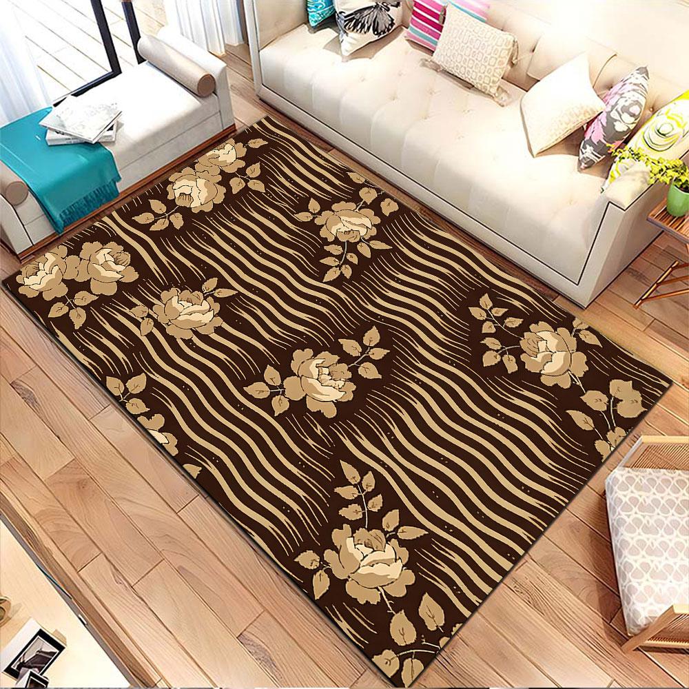 Beige Roses On Brown Waves Patterned Carpet, Non Slip Mat Suitable for Living Room and Bedroom Sofas
