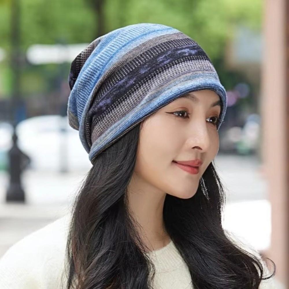 Stripe Print Pullover Hat Multifunctional Keep Warm Women's Pile Hat Autumn and Winter