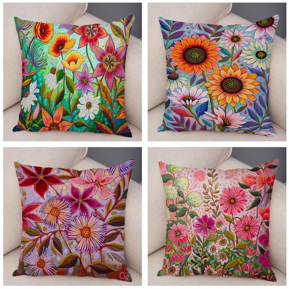 Nordic Watercolor Flower Pillowcase Soft Plush Decor Cartoon Floral Plant Cushion Cover for Sofa Home Children Room Pillow Case