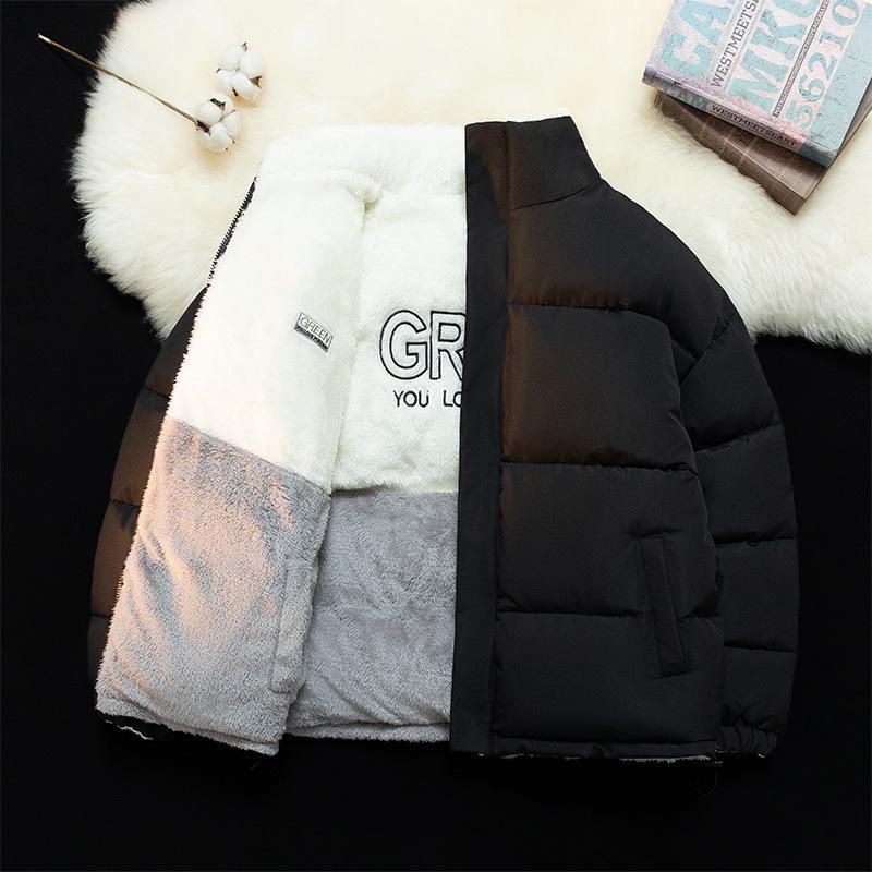 Herre vinterjakke med stående krage i bomull med lammefleece-fôr - avslappet, tykkere stil for par