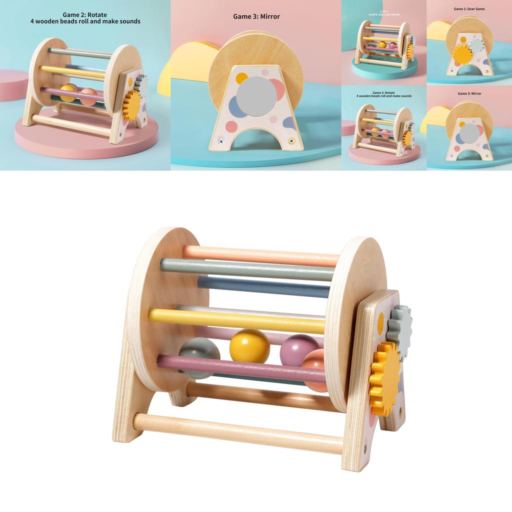 Wooden Montessori Threeinone Desktop Rattling Drum For Toddlers Educational Toy