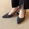 Elegant woven hollow pointed high heels retro soft sole versatile breathable thick heel summer bag head sandals~
