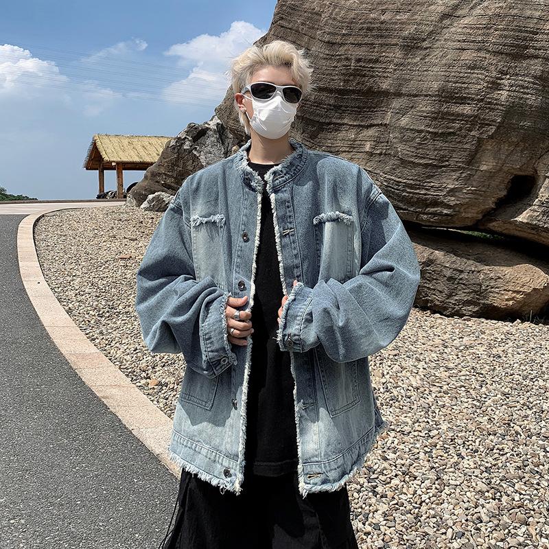 

Весенне-осенняя джинсовая куртка с необработанным краем и воротником-стойкой, корейская уличная, трендовая, мужская куртка, вываренная, состаренная, повседневная верхняя одежда, мужская одежда 3XL