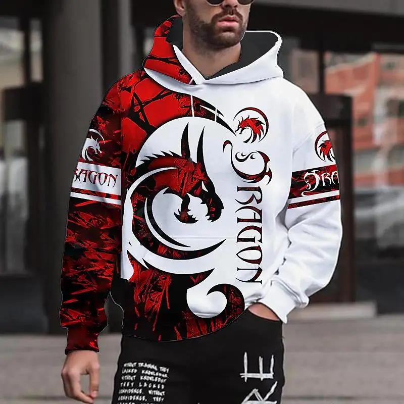 Men's Hoodie for Men Dragon Graphic 3D Print Sweatshirts Outdoors Pullover Clothing Daily Fashion Autumn Oversized Long Sleeve