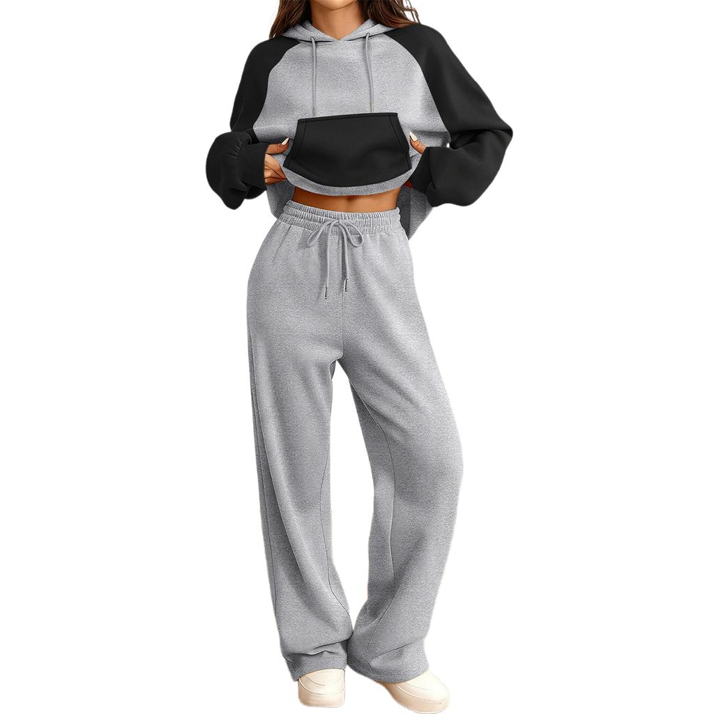 Women's ,Blocked Fleece,Lined Warm Casual Sports Long,Sleeved Sweatshirt Set