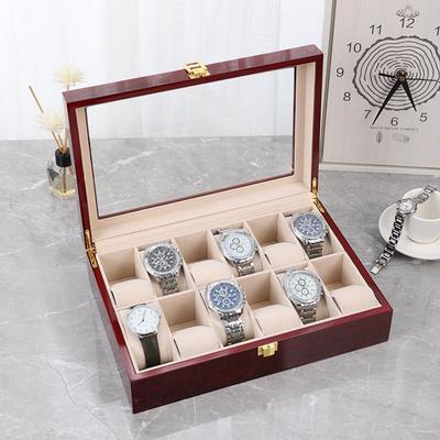 European Style High-End Wooden Watch Box with Transparent Flip Cover & Buckle, Red 12-Digit Display