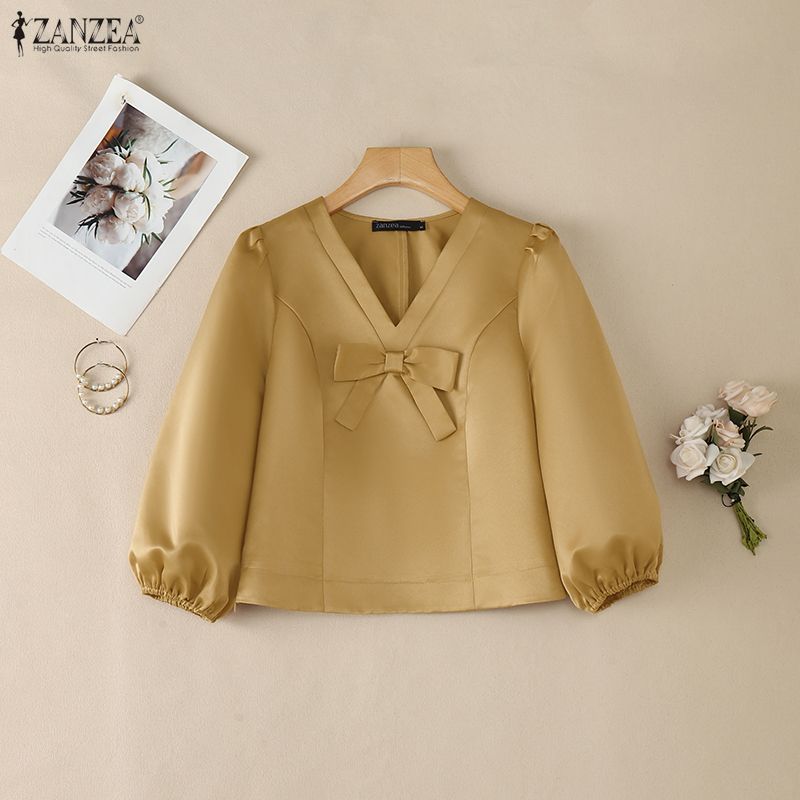 ZANZEA Women Casual V-Neck Solid Color Summer 3/4 Sleeve Blouse