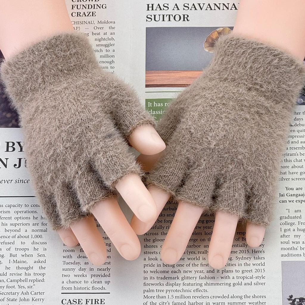 Wiatroodporne pluszowe rękawiczki damskie zimowe ciepłe studenckie rękawiczki z klapką z odkrytymi palcami outdoorowe półpalcowe pogrubione rękawiczki do pisania