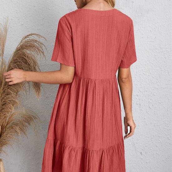 Women Summer Dress V Neck Short Sleeves Pleated Loose Hem Patchwork Dress-up Pullover A-line Summer Mini Dress Female Garment