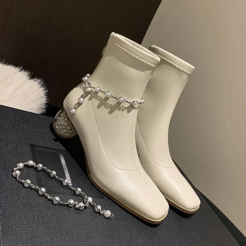 Fashion Thick Heeled Square Toe Pearl/chain Elastic Slim Fit Boots  Autumn and Winter Black Beige Fashion Women's Short Boots Size 34-42