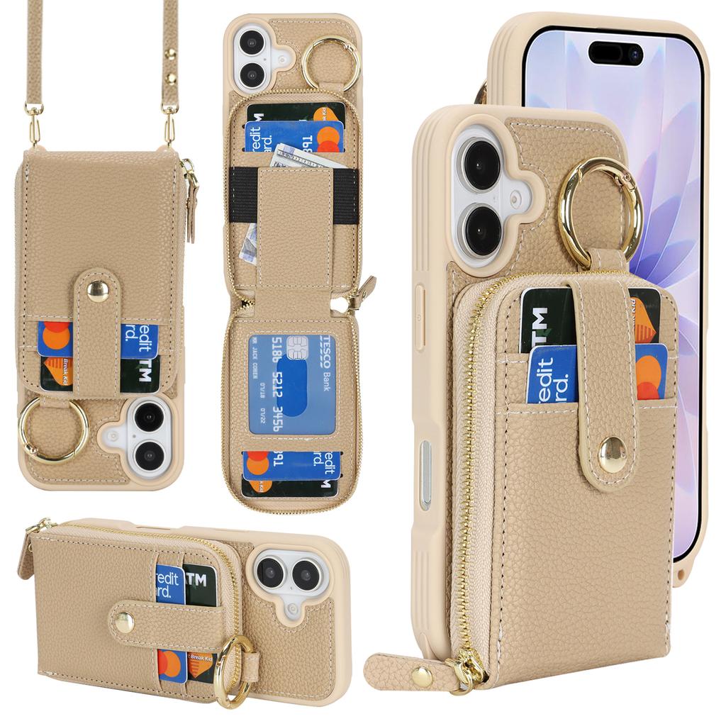For iPhone 17 Case with Zipper Pouch / Ring Kickstand / Strap Litchi Texture PU + TPU Phone Cover