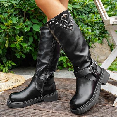 Mode Hiver 2025 Bottes de Chevalier pour Femmes Bottes Montantes à Plateforme Style Britannique Femme Décor Rivets Cuir PU Bottines de Moto