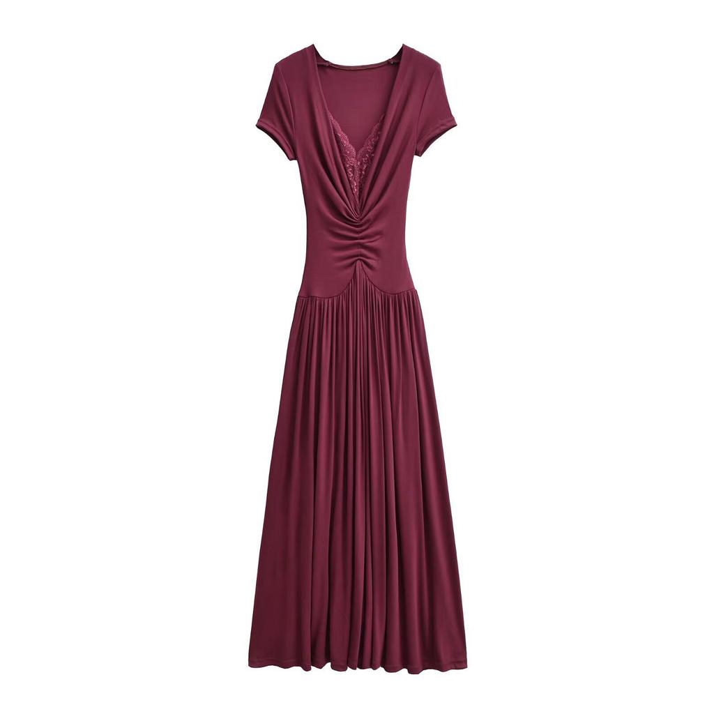 2026 Spring European & American Style Women's Lace Patchwork Waist-Cinching Long Dress with Short Sleeves