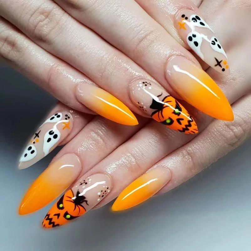24 Pcs/box of Detachable Halloween Style Push-on Nails Wearable Fake Nails Full Coverage Nail Stickers Decoration